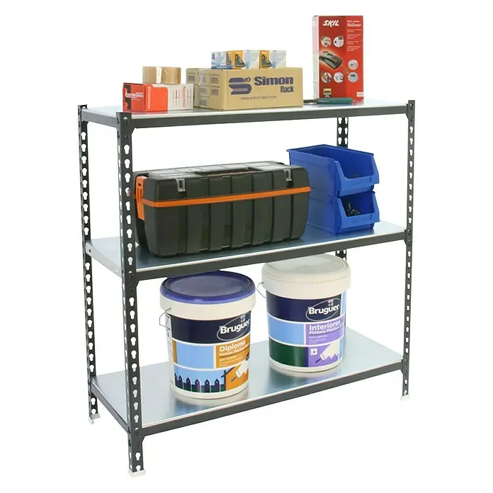 Simonrack Simonclick Metallregal Simonclick Plus - H x B x T: 90 x 90 x 40 cm, Traglast pro Boden: 180 kg, Anzahl Böden: 3 Stk., Stecken, Anthrazit/Weiß - Lagerregal mit Werkzeugkasten, Farben und anderen Artikeln. Ideal für die Organisation von Werkstatt und Garage.