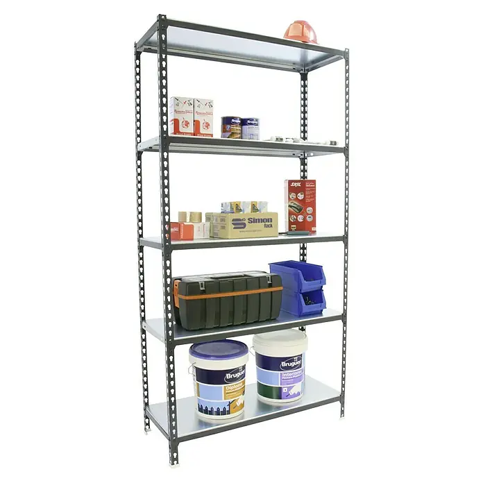 Simonrack Simonclick Metallregal Simonclick Plus - H x B x T: 200 x 100 x 50 cm, Traglast pro Boden: 180 kg, Anzahl Böden: 5 Stk., Stecken, Anthrazit/Weiß - Ein graues Metallregal mit fünf Regalböden, voll mit Werkzeugen, Farben und anderen Gegenständen.