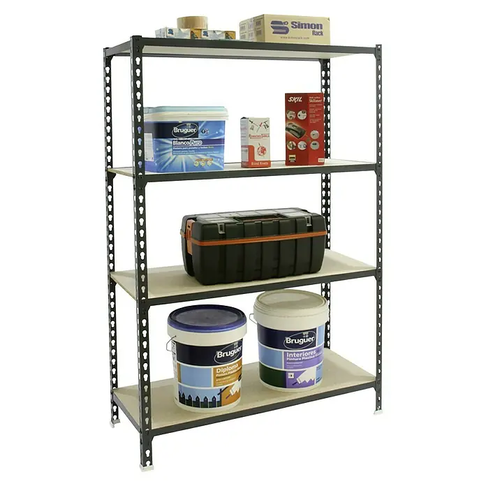 Simonrack Maderclick Metallregal Maderclick - H x B x T: 150 x 90 x 30 cm, Traglast pro Boden: 150 kg, Anzahl Böden: 4 Stk., Stecken, Anthrazitgrau - Regal mit Farbeimern, Werkzeugkiste und anderen Gegenständen.