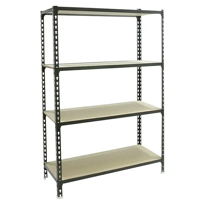 Simonrack Maderclick Metallregal Maderclick - H x B x T: 150 x 90 x 30 cm, Traglast pro Boden: 150 kg, Anzahl Böden: 4 Stk., Stecken, Anthrazitgrau - Aufnahme eines grauen Metallregals mit vier Fachböden, das Ordnung und Stauraum für verschiedene Gegenstände bietet.