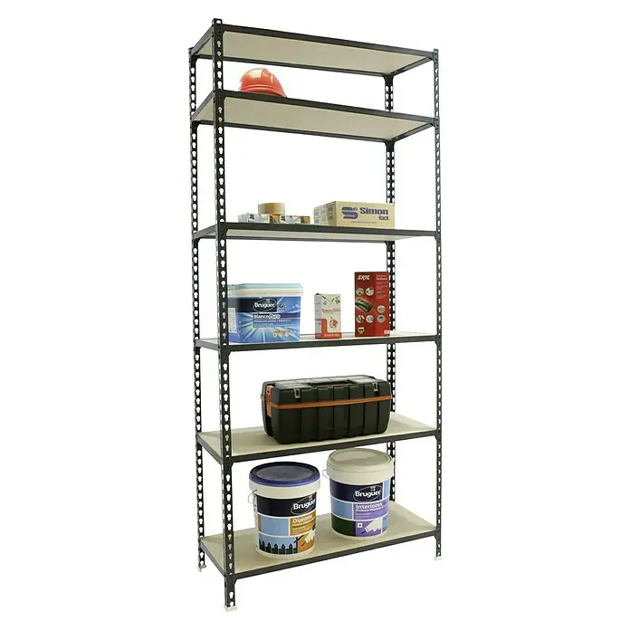 Simonrack Maderclick Metallregal Maderclick MegaPlus - H x B x T: 250 x 120 x 40 cm, Traglast pro Boden: 200 kg, Anzahl Böden: 6 Stk., Stecken, Anthrazitgrau - Regal mit verschiedenen Werkzeugen und Farbdosen auf mehreren Ebenen.
