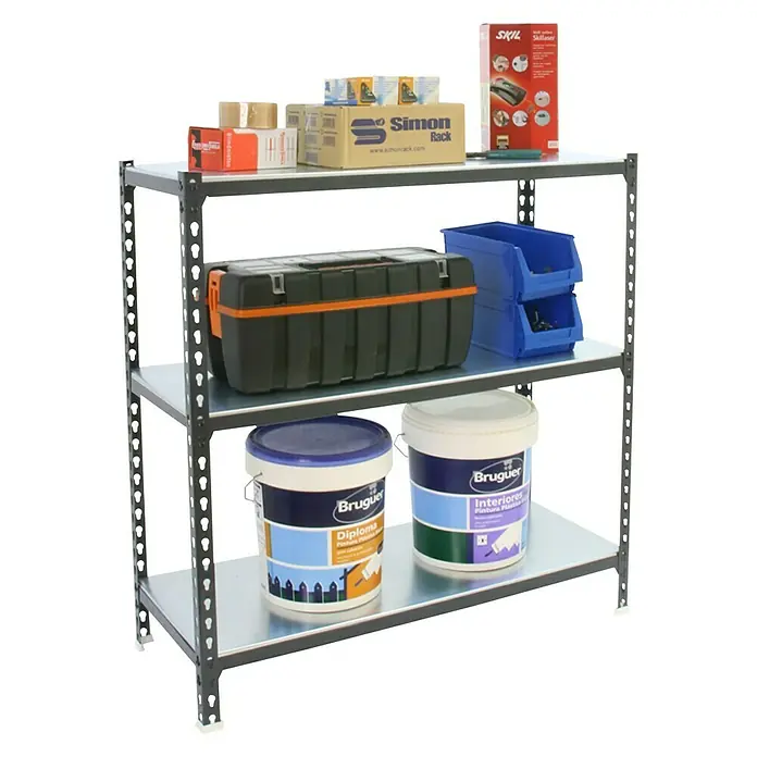 Simonrack Simonclick Metallregal Simonclick Super Plus - H x B x T: 90 x 110 x 50 cm, Traglast pro Boden: 200 kg, Anzahl Böden: 3 Stk., Stecken, Anthrazit/Weiß - Regal mit Werkzeugkiste, Farbeimern und Aufbewahrungsboxen. Das robuste Metallregal bietet viel Stauraum für Werkstatt oder Garage.