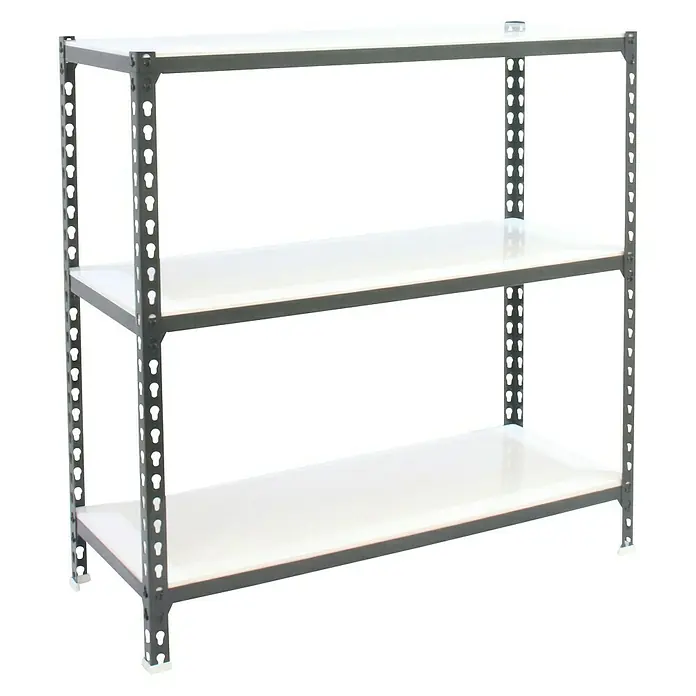 Simonrack Simonclick Metallregal Simonclick Super Plus - H x B x T: 90 x 110 x 40 cm, Traglast pro Boden: 200 kg, Anzahl Böden: 3 Stk., Stecken, Anthrazit/Weiß - Das Bild zeigt ein graues, dreistöckiges Regal mit weißen Ablagen, ideal für Lagerung und Organisation.
