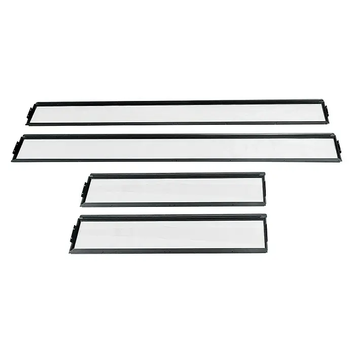 Glaseinsatz - Passend für: Gardol Gerätehaus Pure Line - Aufnahme von vier Lichtpaneelen mit schwarzen Rahmen. Ideal für Heimwerker, Beleuchtungsprojekte, oder den professionellen Einsatz.