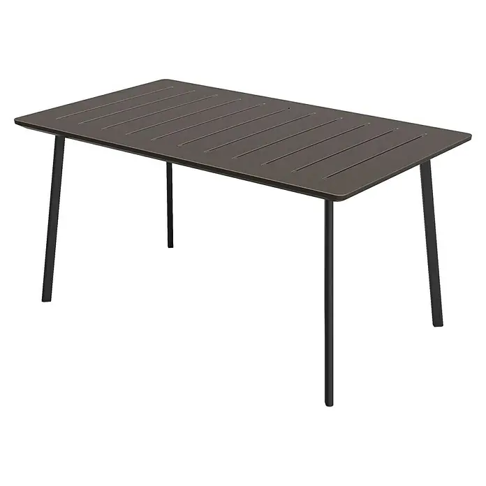 Keter Mesa de jardín Metalea - L x An x Al: 146,5 x 87 x 75 cm, Polipropileno, Marrón - Una mesa de jardín marrón con patas negras elegantes, que ofrece funcionalidad elegante para espacios exteriores.