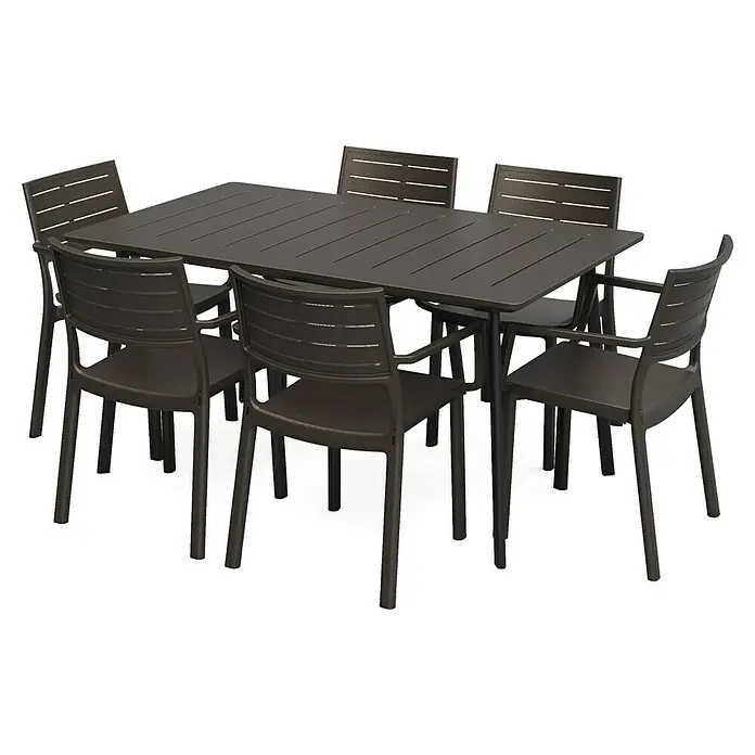 Keter Mesa de jardín Metalea - L x An x Al: 146,5 x 87 x 75 cm, Polipropileno, Marrón - Juego de comedor marrón para patio con seis sillas. El conjunto incluye una mesa rectangular y seis sillas a juego con reposabrazos.