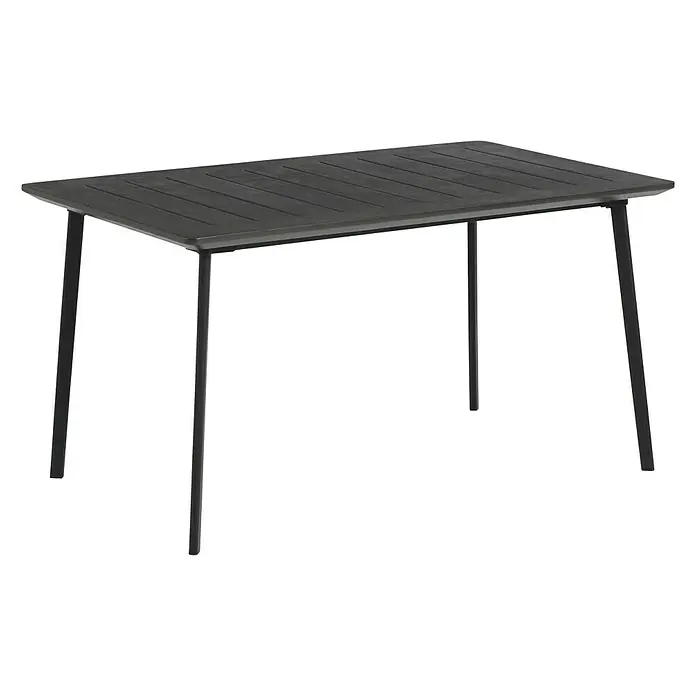 Keter Mesa de jardín Metalea - L x An x Al: 146,5 x 87 x 75 cm, Polipropileno, Marrón - Mesa de exterior negra con diseño de listones y cuatro patas sobre fondo negro. Ideal para uso en exteriores.