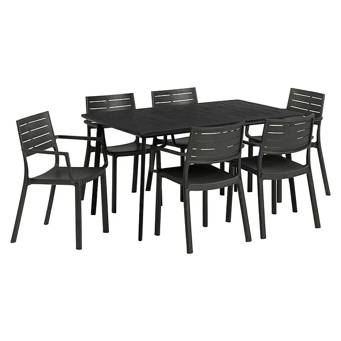 Keter Mesa de jardín Metalea - L x An x Al: 146,5 x 87 x 75 cm, Polipropileno, Marrón - Conjunto de mesa de jardín negra con seis sillas. El conjunto incluye una mesa y seis sillas de plástico negro para uso exterior.
