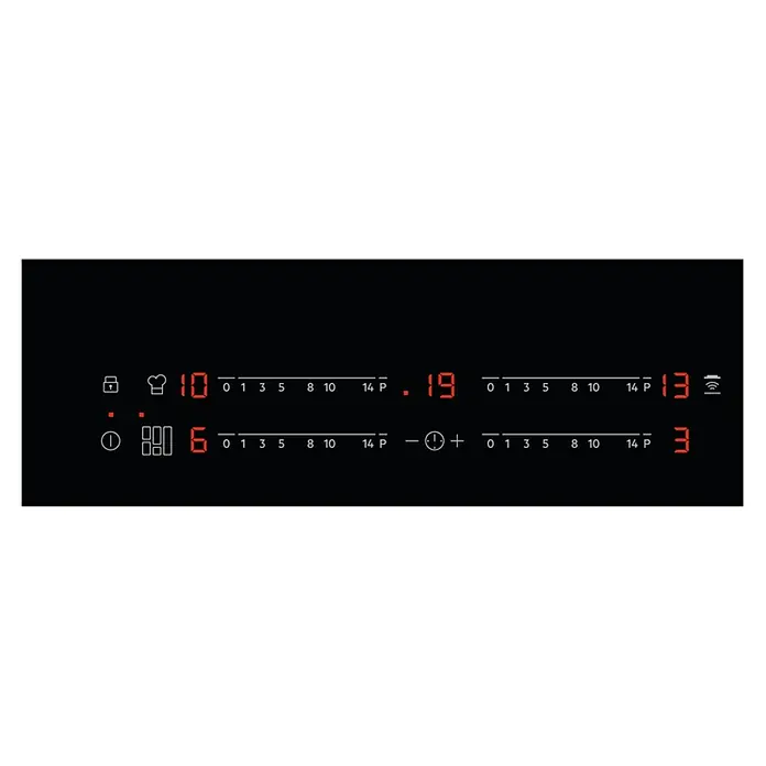 AEG Placa de cocción IKE84475FB - 52 x 78 cm, Número de fogones de inducción: 3 ud. - Un primer plano muestra una placa negra con indicadores LED rojos que muestran varios niveles de cocción y ajustes del temporizador.