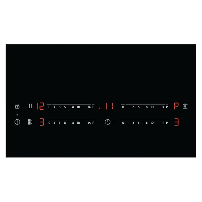 Electrolux Placa de cocción EIV83446 - Número de fogones de inducción: 4 ud. - Primer plano de una placa de cocina negra con indicadores digitales rojos que muestran diferentes niveles de potencia y ajustes del temporizador.