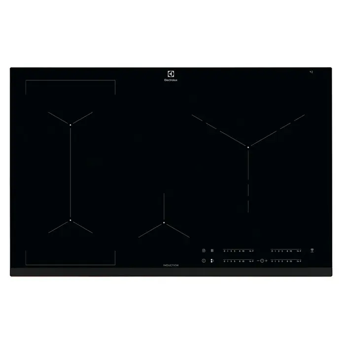 Electrolux Placa de cocción EIV83446 - Número de fogones de inducción: 4 ud. - Aquí hay una imagen de una placa de inducción Electrolux negra con un panel de control y cuatro zonas de cocción.