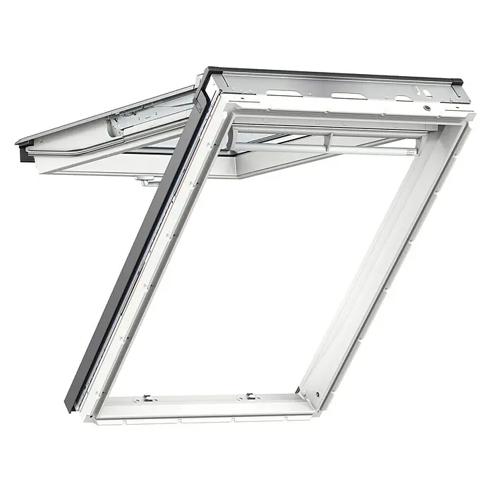 Velux Klapp-Schwingfenster GPU FK08 0070 Thermo - 66 x 140 cm - Das Bild zeigt ein Dachfenster mit einem weißen Rahmen, das teilweise geöffnet ist. Das Fenster hat einen eleganten, modernen Look.