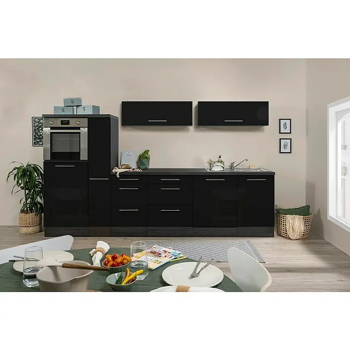Respekta Premium Cocina de isla Amanda - Ancho: 310 cm, Roble/Negro, Con electrodomésticos - Elegante cocina negra con armarios modernos, electrodomésticos y una acogedora zona de comedor. Diseño elegante para un hogar contemporáneo.