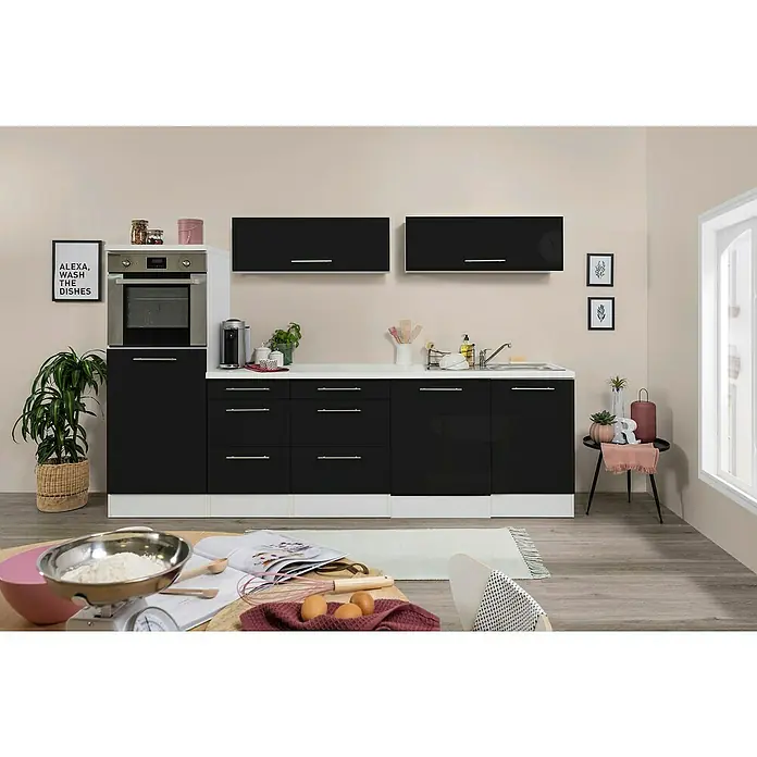 Respekta Premium Cocina de isla Amanda - Ancho: 280 cm, Blanco/Negro, Con electrodomésticos - Una cocina moderna en blanco y negro con frentes brillantes y tiradores plateados. El enfoque está en el diseño de la cocina y la disposición elegante.