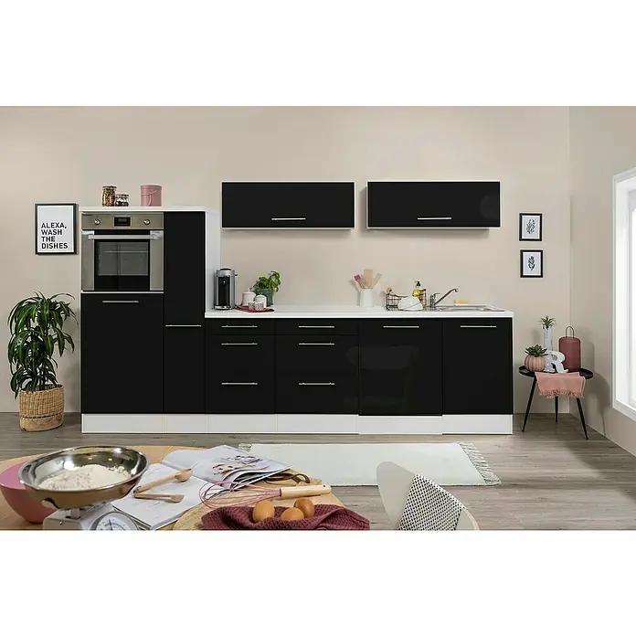 Respekta Premium Cocina de isla Amanda - Ancho: 310 cm, Negro, Con electrodomésticos - Elegante cocina negra con detalles blancos, con horno empotrado y armarios de pared, ideal para espacios de vida modernos con gran almacenamiento.