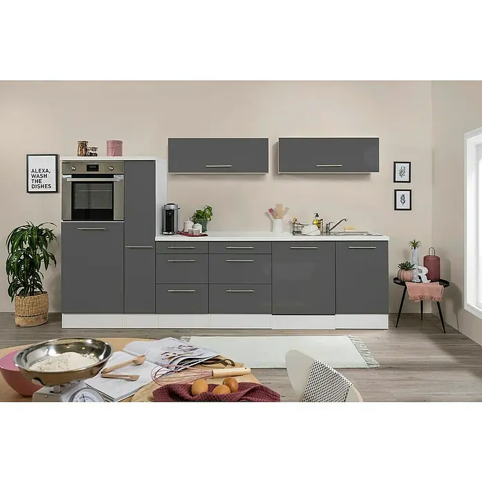 Respekta Premium Cocina de isla Amanda - Ancho: 310 cm, Blanco/Gris, Con electrodomésticos - Cocina luminosa con armarios grises de alto brillo, encimeras blancas y electrodomésticos modernos, creando un ambiente elegante y funcional.