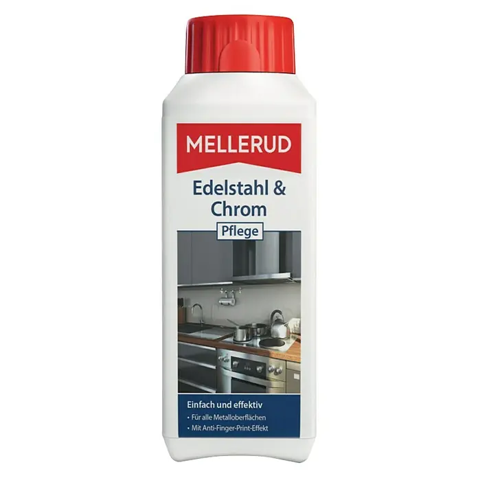 Mellerud Pflegemittel Edelstahl- & Chrom-Pflege - 250 ml - Mellerud Edelstahl & Chrom Pflege: Für glänzende Metalloberflächen, effektive Reinigung und Anti-Fingerprint-Schutz.