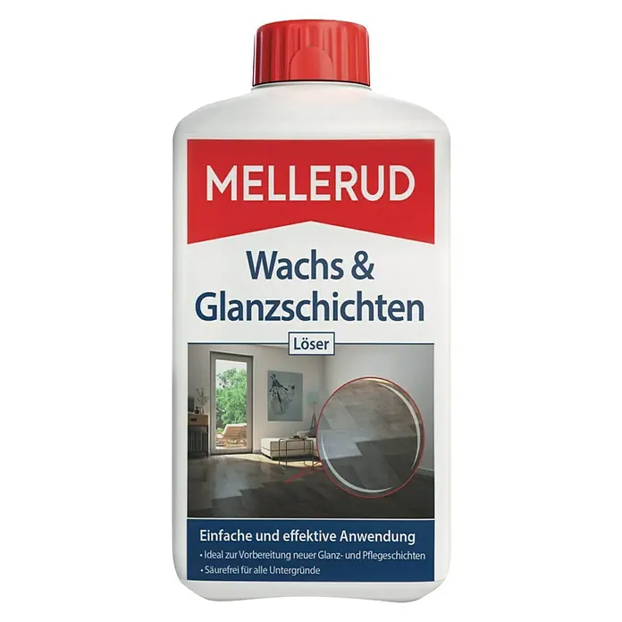 Mellerud Reinigungsmittel Wachs & Glanzschichten Löser - 1 l, Flasche mit kindergesichertem Verschluss - Abbildung einer Flasche MELLERUD Wachs- und Glanzschichten Löser, ideal zur Vorbereitung neuer Glanz- und Pflegeschichten.