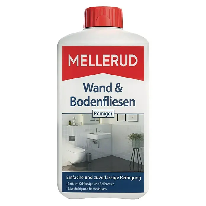 Mellerud Reinigungsmittel Wand & Bodenfliesen Reiniger - 1 l, Flasche mit kindergesichertem Verschluss - Bild einer Flasche MELLERUD Wand- & Bodenfliesen Reiniger. Das Produkt verspricht einfache und zuverlässige Reinigung von Kalk und Seifenresten.