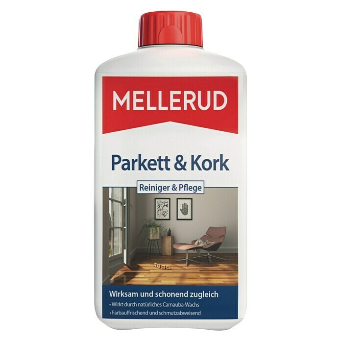 Mellerud Reinigungs- & Pflegemittel Parkett & Kork1 l, Flasche mit kindergesichertem Verschluss Front View