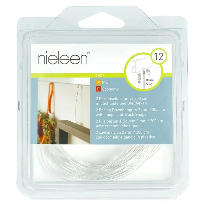 Nielsen Perlonseil - L x B: 200 cm x 2 mm, Passend für: Nielsen Galerieschiene Economy/Profi, Mit Schlaufe und Gleithaken - Packung Nielsen Perlonseile 2 mm/200 cm mit Schlaufe und Gleithaken, geeignet zum Aufhängen von Bildern und Deko-Elementen bis 5 kg.