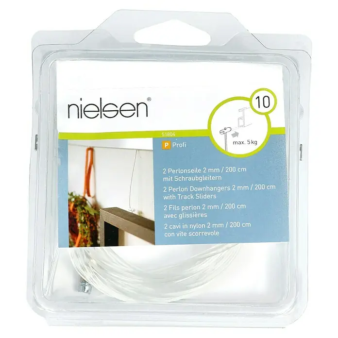 Nielsen Perlonseil - L x B: 200 cm x 2 mm, Passend für: Nielsen Galerieschiene Economy/Profi, Mit Schraubgleiter - Nielsen Aufhängesystem mit Perlonseilen und Schraubgleitern, geeignet für Bilderrahmen bis maximal 5 kg.