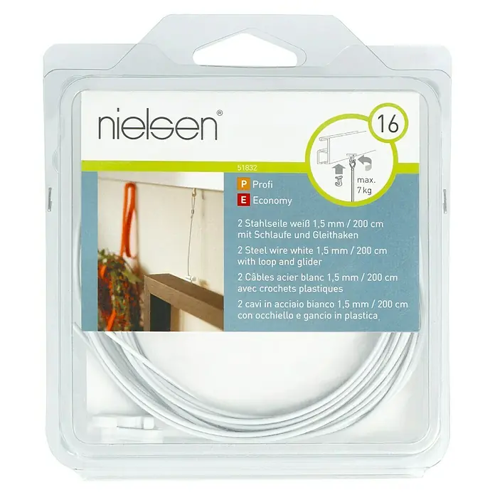 Nielsen Stahlseil - L x B: 200 cm x 1,5 mm, Passend für: Nielsen Galerieschiene Economy/Profi, Mit Schlaufe und Gleithaken - Bild von einer Nielsen Aufhängung für Bilderrahmen. Das Set enthält Stahlseile mit Schlaufe und Gleithaken, geeignet für max. 7 kg.