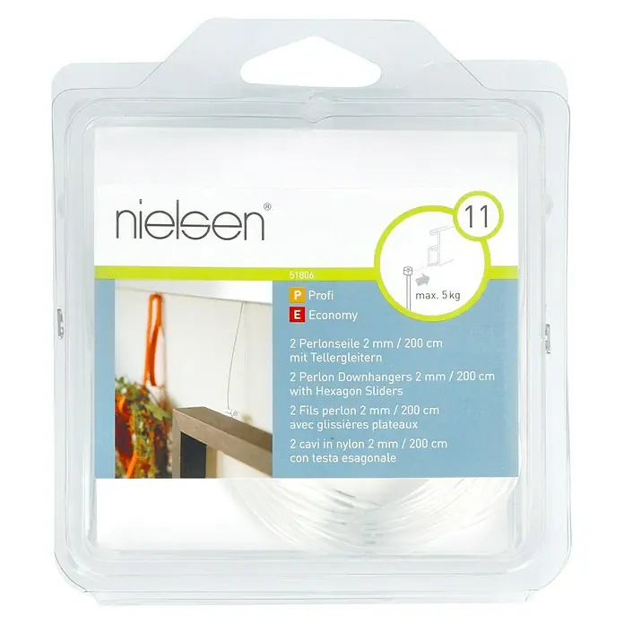 Nielsen Perlonseil - L x B: 200 cm x 2 mm, Passend für: Nielsen Galerieschiene Economy/Profi, Mit Tellergleiter - Nielsen Bilderaufhänger-Set mit Perlonseilen, Tellergleitern und einer maximalen Tragkraft von 5 kg, ideal für Bilderrahmen.