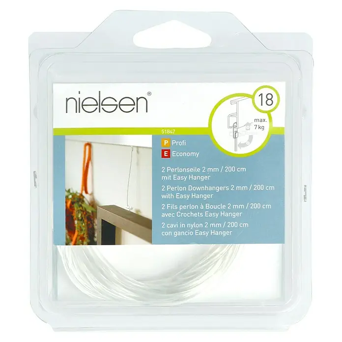 Nielsen Perlonseil Easy Hanger - L x B: 200 cm x 2 mm, Passend für: Nielsen Galerieschiene Economy/Profi, Belastbarkeit: 7 kg - Nielsen Bildaufhängeset mit Perlonseilen und Easy Hanger für bis zu 7 kg schwere Bilder.