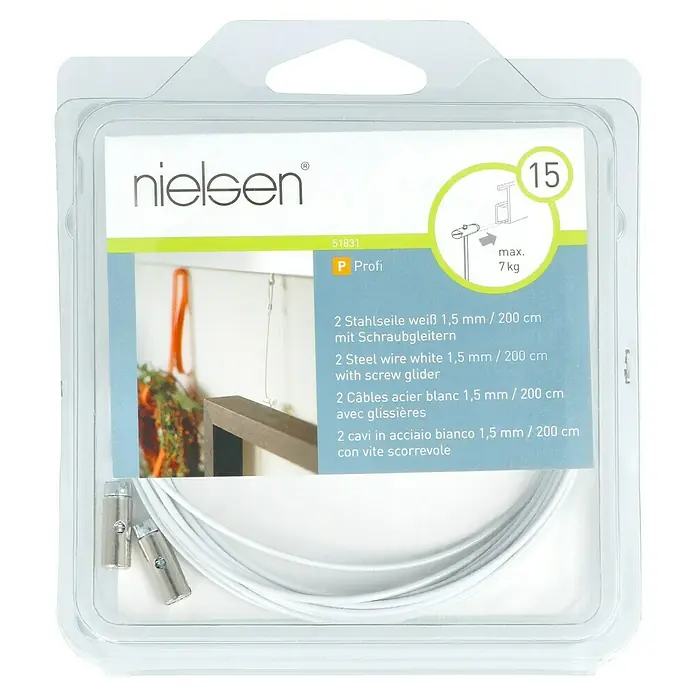 Nielsen Stahlseil - L x B: 200 cm x 1,5 mm, Passend für: Nielsen Galerieschiene Economy/Profi, Mit Schraubgleiter - Verpackung mit zwei weißen Stahlseilen (1,5 mm / 200 cm) mit Schraubgleitern von Nielsen, ideal zum Aufhängen von Bildern und Dekorationen.