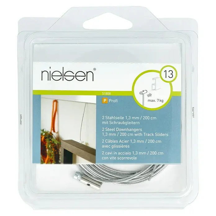 Nielsen Stahlseil - L x B: 200 cm x 1,3 mm, Passend für: Nielsen Galerieschiene Economy/Profi, Mit Schraubgleiter - Nielsen Bilderaufhänger-Set mit 2 Stahlseilen (1,3 mm / 200 cm) mit Schraubgleitern, ideal zum flexiblen Aufhängen von Bildern und Rahmen.