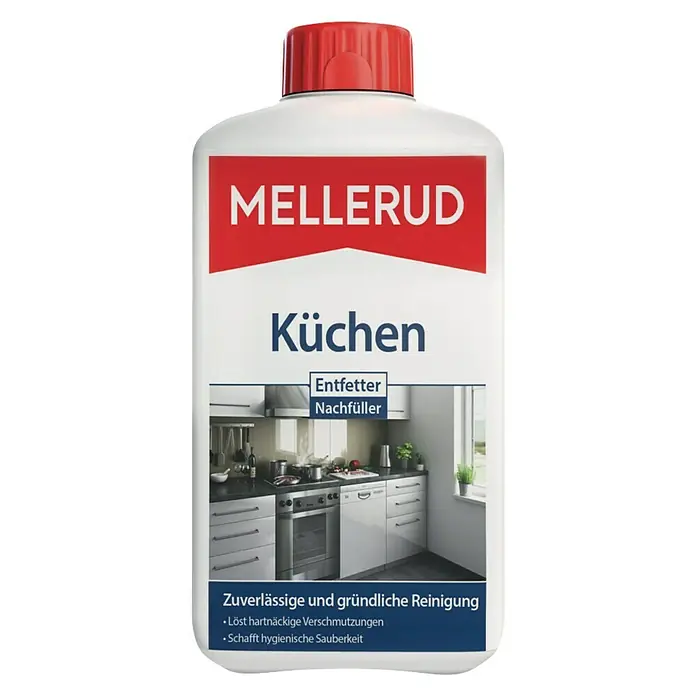 Mellerud Küchen-Entfetter - 1 l, Flasche mit kindergesichertem Verschluss - Abbildung einer Flasche MELLERUD Küchen Entfetter Nachfüller für die zuverlässige und gründliche Reinigung in der Küche.