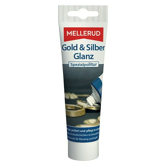 Mellerud Politur- & Reinigungspaste Gold & Silber Glanz - 75 ml, Tube - Produktbild einer Tube Mellerud Gold & Silber Glanz Spezialpolitur zur Reinigung und Pflege von Gold- und Silbergegenständen.