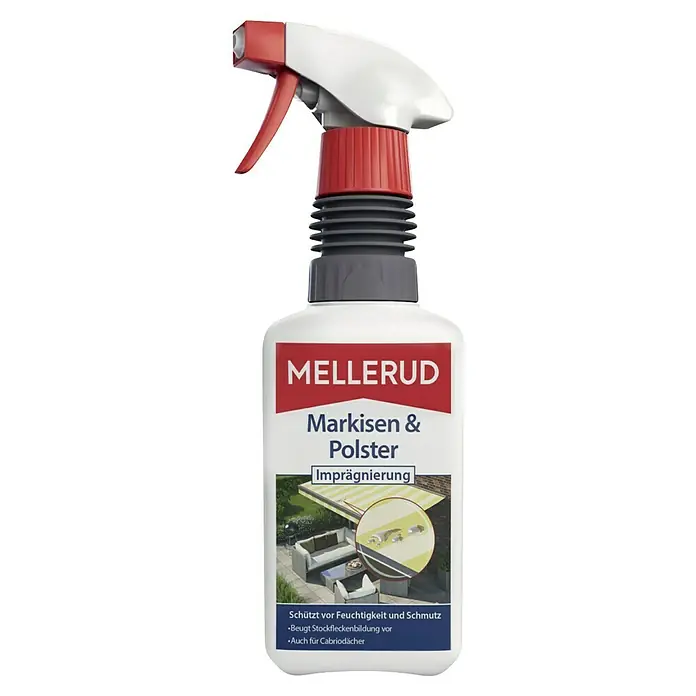 Mellerud Imprägnierung Markisen- & Polster-Imprägnierung - 500 ml, Flasche mit Sprühpistole - Die MELLERUD Markisen & Polster Imprägnierung schützt Markisen und Polster vor Feuchtigkeit und Schmutz. Beugt Stockfleckenbildung vor und ist auch für Cabriodächer geeignet.