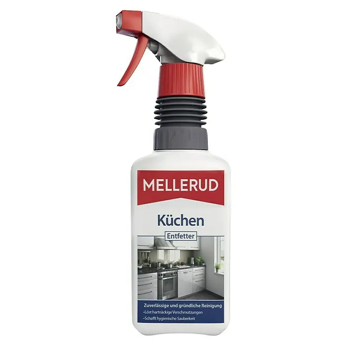 Mellerud Küchen-Entfetter - 500 ml, Flasche mit Sprühpistole - Produktaufnahme eines Küchenreinigers „Küchen Entfetter“ der Marke MELLERUD in einer Sprühflasche mit rotem Sprühkopf.