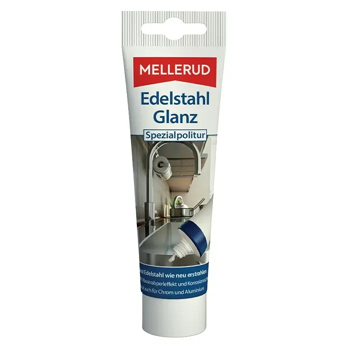 Mellerud Politur- & Reinigungspaste Edelstahl Glanz - 75 ml, Tube - Produktbild einer Tube Edelstahl Glanz Spezialpolitur von Mellerud, ein Reinigungsmittel für Edelstahl, Chrom und Aluminium.