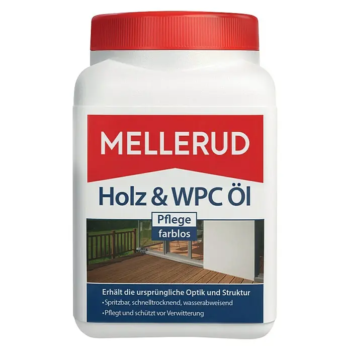 Mellerud Pflegemittel Holz- & WPC-Öl - 750 ml, Weißlich - Abbildung einer Dose MELLERUD Holz & WPC Öl farblos, zur Pflege und zum Schutz von Holzoberflächen im Außenbereich.