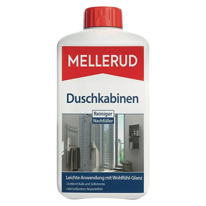 Mellerud Duschkabinenreiniger - 1 l, Flasche mit kindergesichertem Verschluss - Mellerud Duschkabinen Reiniger Nachfüller: Effektiver Reiniger für Duschkabinen, entfernt Kalk und Seifenreste für strahlenden Glanz.