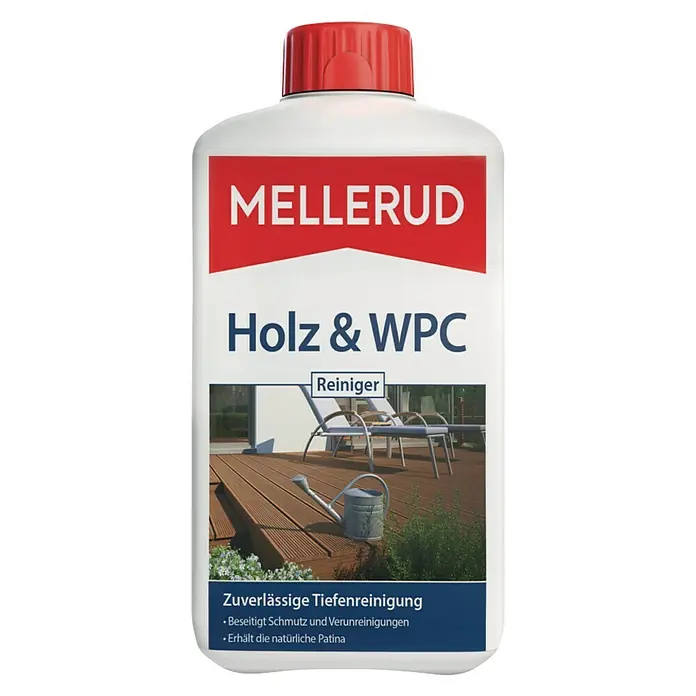 Mellerud Reinigungsmittel Holz & WPC Reiniger - 1 l, Flasche mit kindergesichertem Verschluss - Produktbild von MELLERUD Holz & WPC Reiniger zur Tiefenreinigung und Pflege von Holzoberflächen.