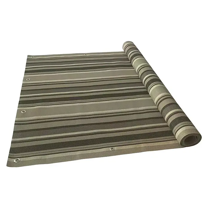 Gardol Balkonsichtschutz - 300 x 90 cm, Anthrazit, Grau, Gestreift - Eine teilweise aufgerollte, gestreifte Sichtschutzmatte mit Ösen am Rand. Das Produkt bietet Privatsphäre und Schutz vor Wind und Sonne.