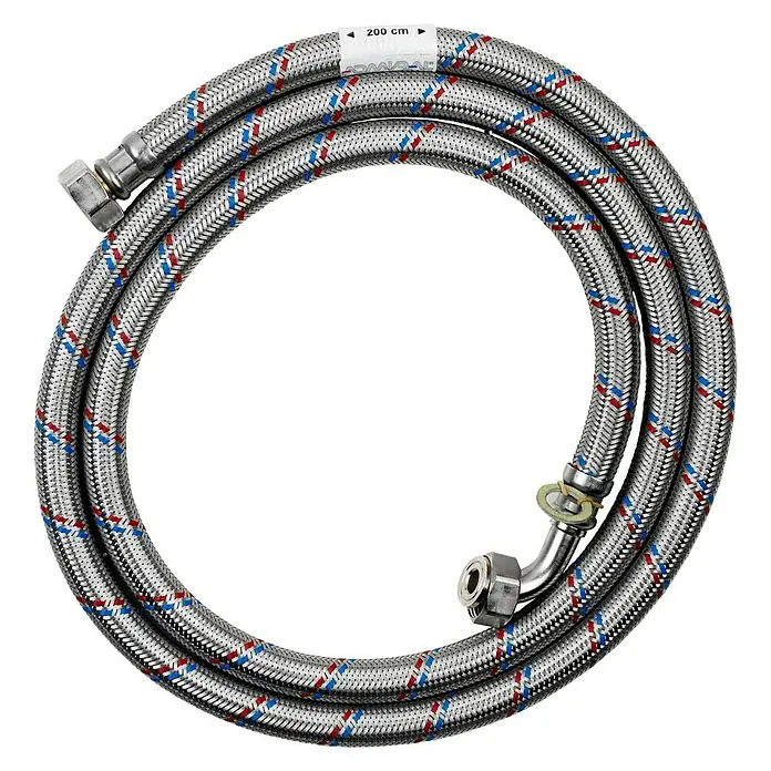 Admiral Manguera de admisión reforzada para lavadora - Largo: 2 m, Acero inoxidable, Acero inoxidable - Conector de grifo flexible con trenzado de acero inoxidable y marcas de color para agua fría y caliente. Ideal para instalaciones sanitarias.
