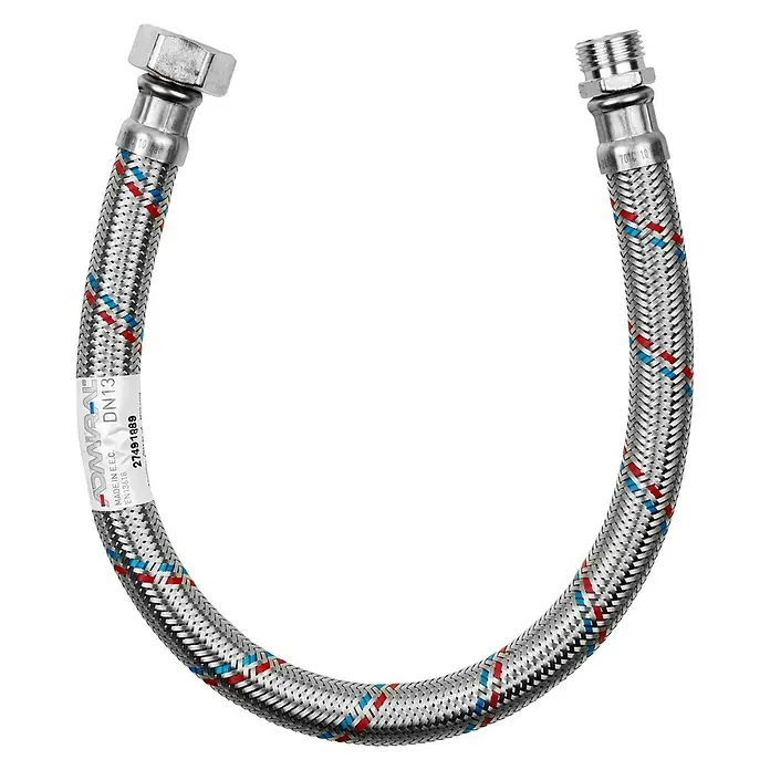 Admiral Flexo de conexión DN13 M-H - ½″/¾″, Largo: 50 cm, Macho - Hembra - Manguera flexible de acero inoxidable trenzado con marcas de color para conexiones de agua caliente y fría.