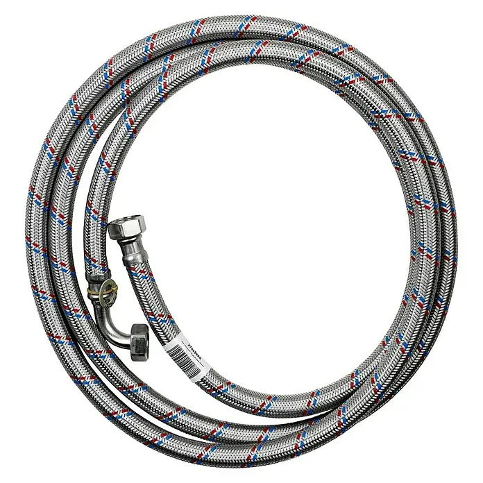 Admiral Manguera de admisión reforzada para lavadora - Largo: 3 m, Acero inoxidable, Acero inoxidable - Imagen de una manguera flexible trenzada con marcas azules y rojas, enrollada en círculo, con conectores metálicos.