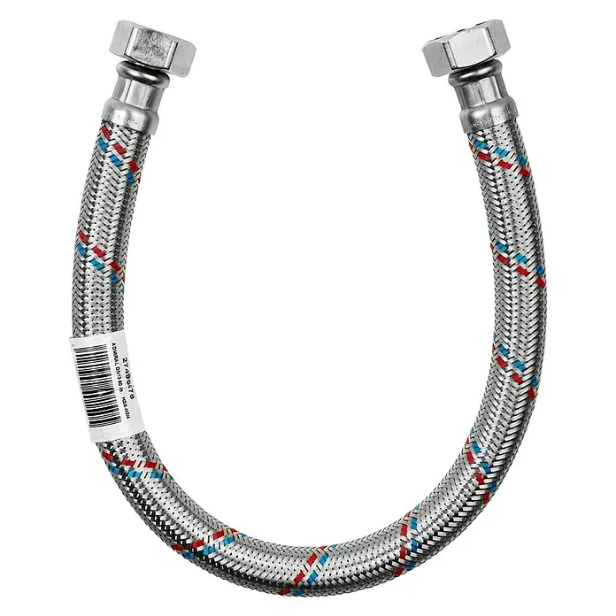 Admiral Flexo de conexión DN13 H-H - ¾″/¾″, Largo: 50 cm, Hembra - Hembra - Un manguito flexible trenzado curvo con cubierta de color metálico y conectores, ideal para instalaciones de fontanería.