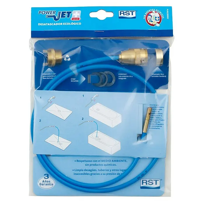 Desatascador para bañera y ducha EcoPlus - Largo: 1 m, Tuberías de desagüe - La imagen muestra una boquilla de limpieza de desagües Power Jet empaquetada, una herramienta ecológica para limpiar desagües sin químicos.