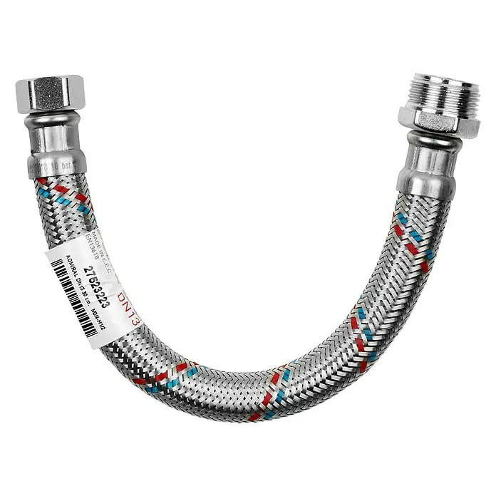 Admiral Flexo de conexión DN13 M-H - ¾″/½″, Largo: 30 cm, Macho - Hembra - Manguera flexible de acero inoxidable con las inscripciones MADE IN E.E.C. EN13618, DN13 y 27523223. Ideal para la conexión de agua en casa.