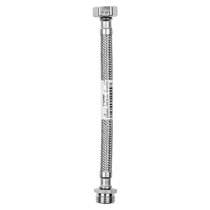 Admiral Flexo de conexión DN8 M-H - ½″/½″, Largo: 20 cm, Macho - Hembra - En la imagen se muestra un conector flexible de acero inoxidable de 20 cm, ideal para conexiones de fontanería.