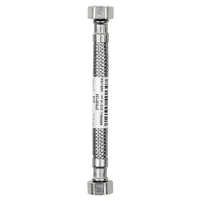Admiral Flexo de conexión DN8 H-H - ⅜″/⅜″, Largo: 15 cm, Hembra - Hembra - Imagen de una manguera flexible trenzada con conexiones roscadas, apta para aplicaciones de fontanería. La etiqueta del producto es bien visible.