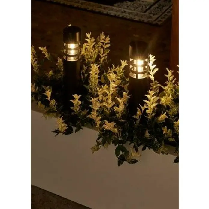 Lámpara decorativa solar Montelimar - L x An x Al: 6,2 x 6,2 x 38,8 cm, Negro, IP33 - La imagen muestra luces exteriores en un macizo de flores, emitiendo un suave brillo y creando un ambiente cálido. Están rodeadas de vegetación.
