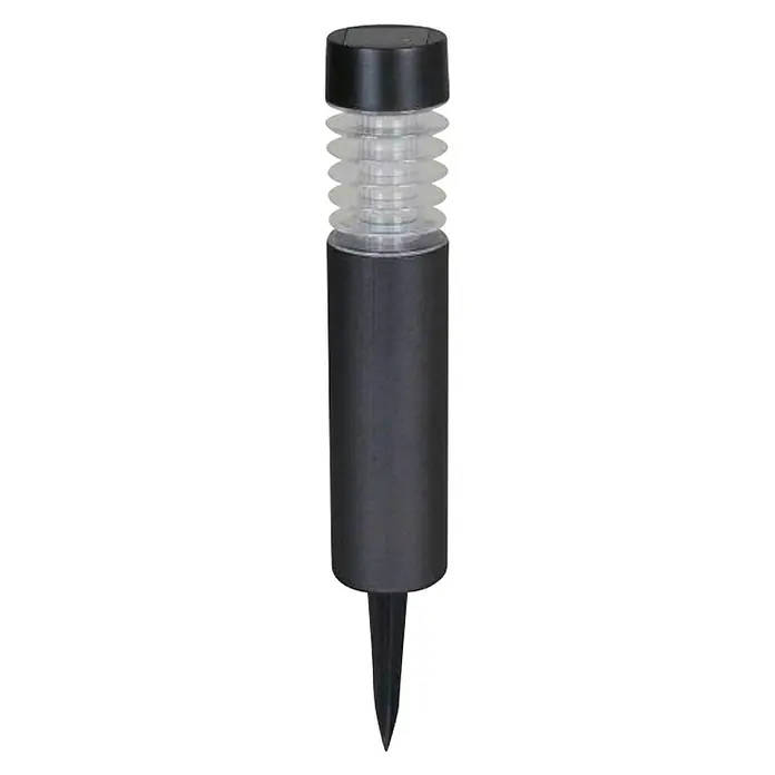 Estaca solar Valence - L x An x Al: 6,2 x 6,2 x 38,8 cm, Negro, IP33, 6 lm - Esta imagen muestra una luz solar negra con una pantalla transparente y acanalada y una estaca de tierra. Perfecta para jardines y espacios exteriores.